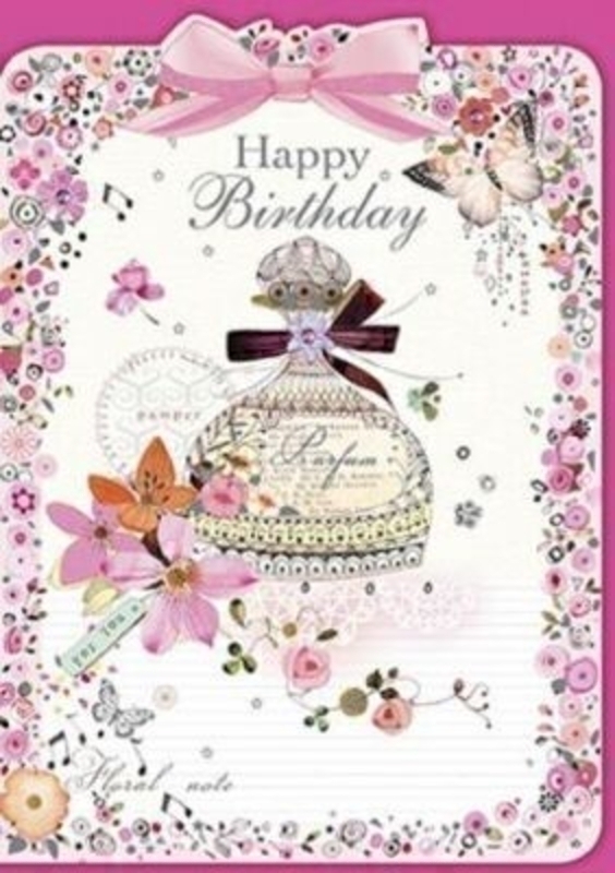 Happy Birthday Card Perfume by Florentine Vintage for Paper Rose. Part of the Florintine Vintage range for paper roses this beautiful card has sequin detail. A Picture of a perfume bottle with flower ronand butterfly on the front and 'Happy Birthday' wit